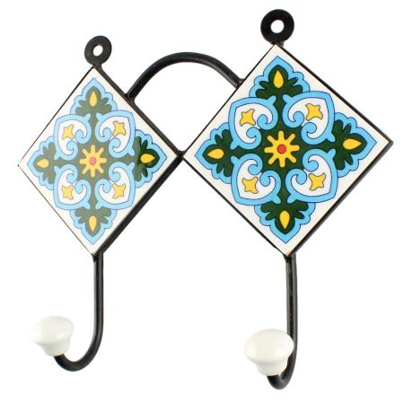Turquoise Floral Ceramic Tile Hook